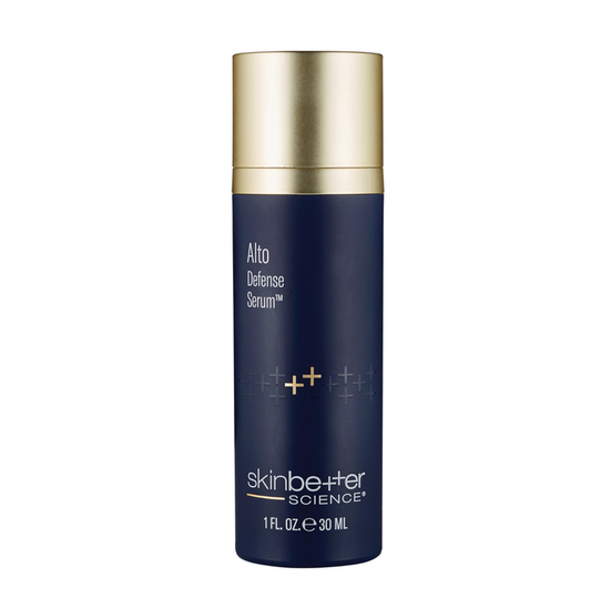 Blue serum bottle with gold cap on a white background