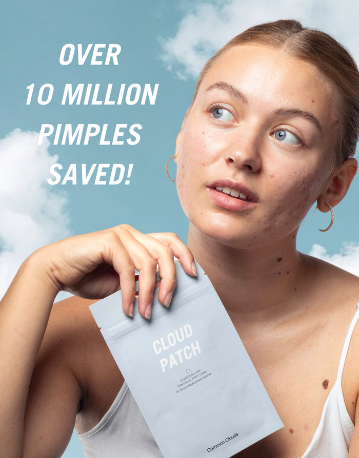 Woman holding a 'Cloud Patch' pimple patch package with text about over 10 million pimples are saved.