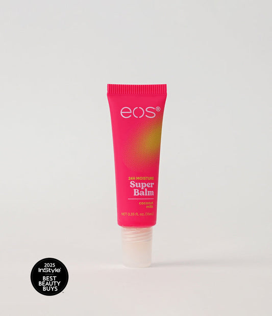 Pink tube of eos Super Balm on a light gray background with 'InStyle Best Beauty Buys' badge.