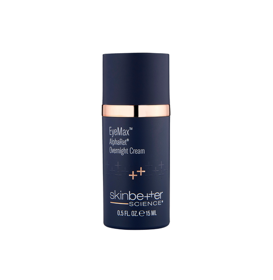 Blue skincare bottle with rose gold accents on a white background