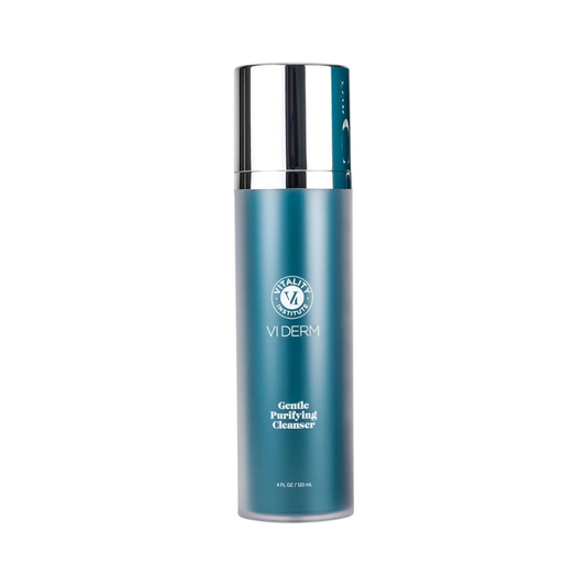 Blue VI Derm bottle with silver cap on a white background