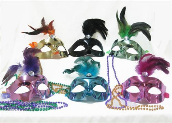 Metallic Color Venetian Mask with Feather (12 assorted pieces)