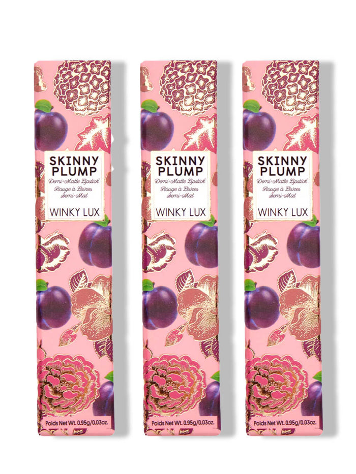 three nude shades of skinny plump demi matte lipstick in boxes on white background