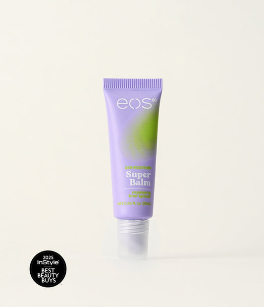 eos Super Balm tube on a white background with 'InStyle Best Beauty Buys' badge.